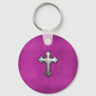 Porte-clés Croix métallique sur cuir rose