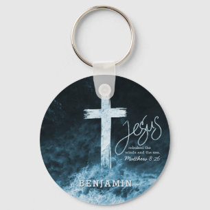 Porte-clés Croix sur l'Eau Écriture Bleu foncé Personnalisé