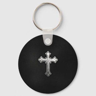 Porte-clés Crucifix métallique sur le cuir noir