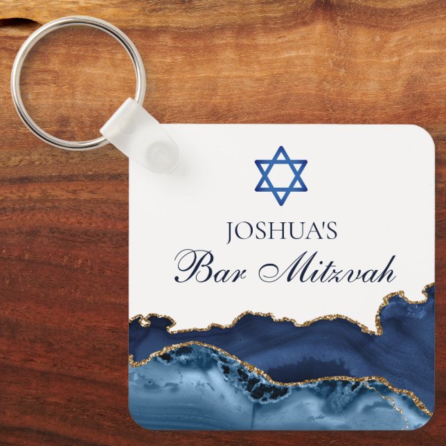 Porte-clés Custom Bar Mitzvah Party Navy Blue Gold Agate (Recto)