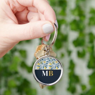 Porte-clés Custom Elegant Mediterranean Lemon Botanical Navy