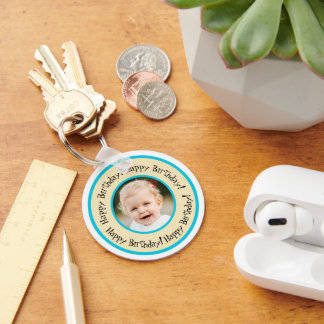 Porte-clés Custom Round Birthday Photo Beige & Turquoise