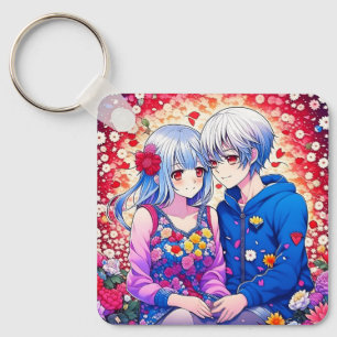 Porte-clés Cute Anime Couple, Fleurs et Coeur Personnalisé