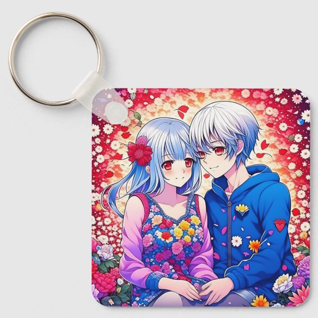 Porte-clés Cute Anime Couple, Fleurs et Coeur Personnalisé (Recto)