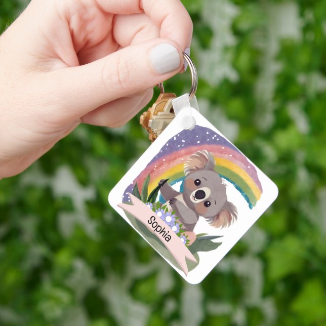Porte-clés Cute Baby Koala Rainbow Nom personnalisé (main)