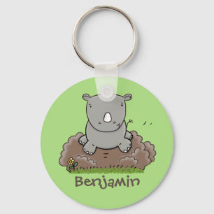 Porte-clés Cute baby rhino running green cartoon illustration