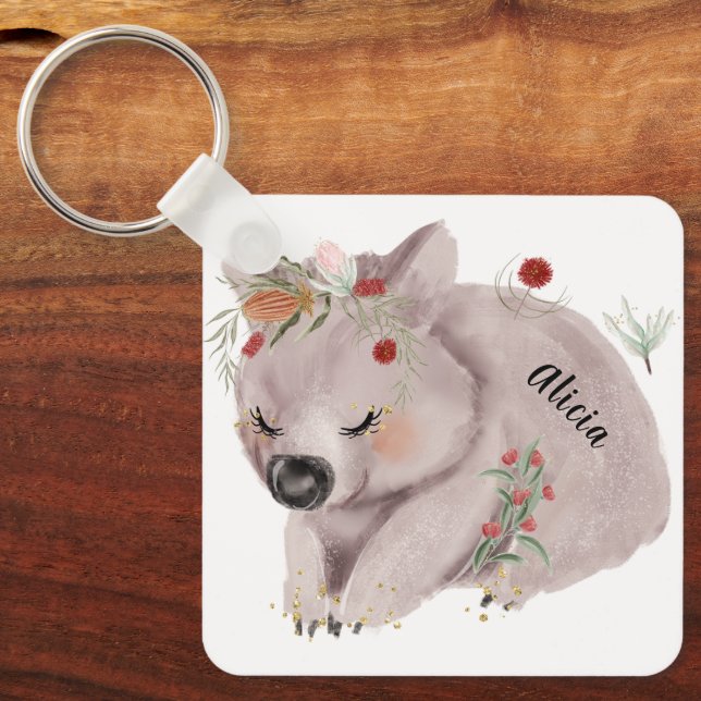 Porte-clés Cute Baby Wombat Gold Speckle Nom personnalisé (Recto)