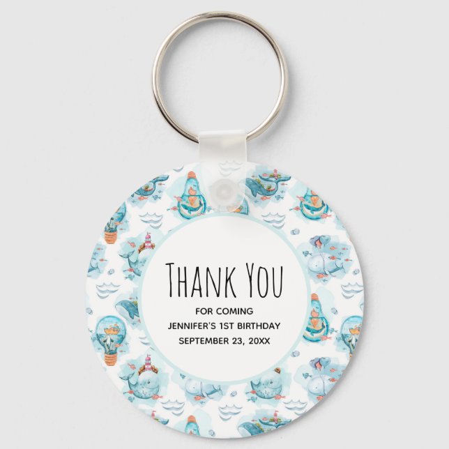 Porte-clés Cute baleines nautiques Aquarelle Motif Merci (Recto)