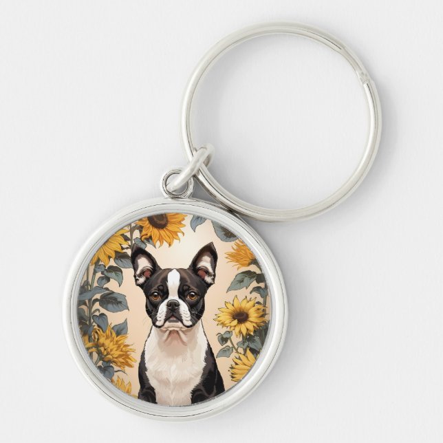 Porte-clés Cute Boston Terrier Yellow Sunflowers (Devant)
