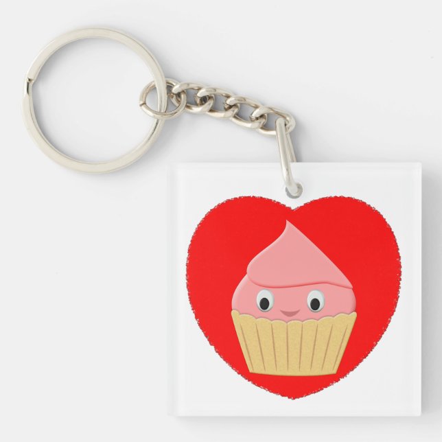 Porte-clés Cute Cartoon Fraise Cupcake En Rouge Coeur Clé (Devant)