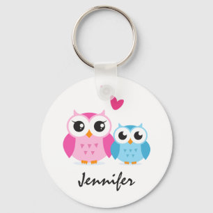 Porte-clés Cute cartoon owls with hearts personalized name