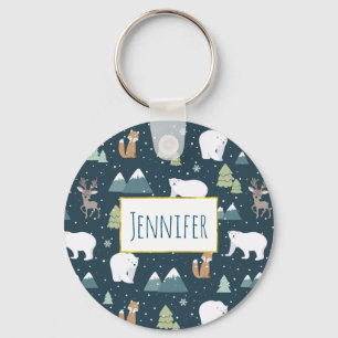 Porte-clés Cute Christmas Winter Animals Rustic Pattern