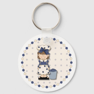 Porte-clés Cute country girl + bucket filled with blueberries