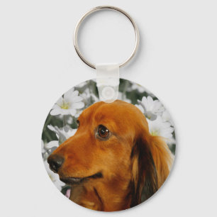 Porte-clés Cute Dachshund (Brown Long Haired) en Fleurs