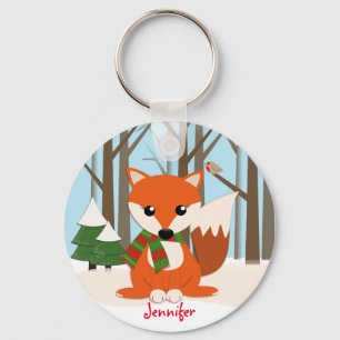 Porte-clés Cute Fox dans une forêt enneigée & nom personnalis