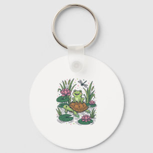 Porte-clés Cute Frog Riding Turtle Pond Vintage Vector Art_1