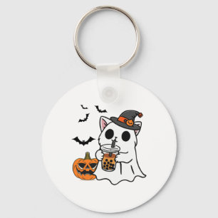 Porte-clés Cute Halloween Chat En Costume Fantôme Boire Boba