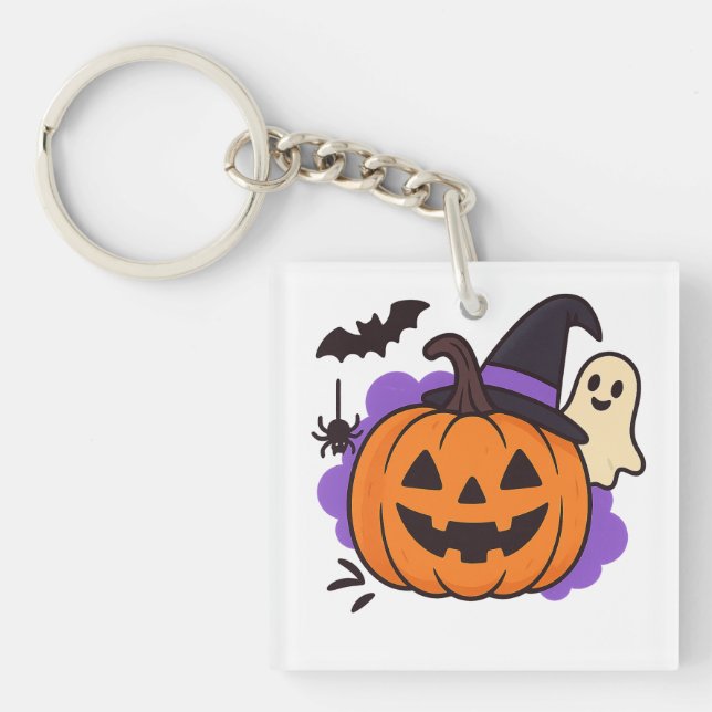 Porte-clés Cute Halloween Pumpkin with Witch Hat – Ghost & Ba (Devant)