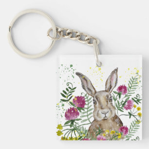 Porte-clés Cute lapin dans les fleurs d'aquarelle accent cous
