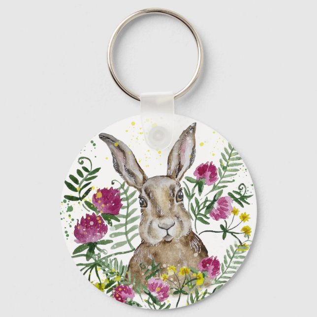 Porte-clés Cute lapin en fleurs d'aquarelle (Recto)