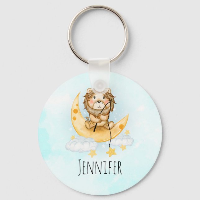 Porte-clés Cute Lion Pêche sur l'aquarelle de la lune (Recto)