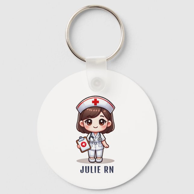Porte-clés Cute Manga Brunette Nurse Caricature Personnalisée (Recto)