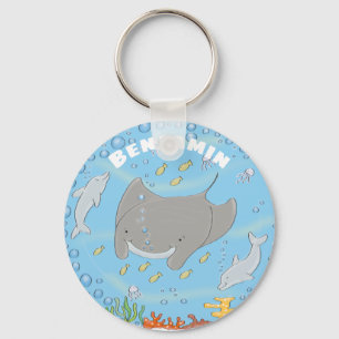 Porte-clés Cute manta ray and dolphins cartoon illustration