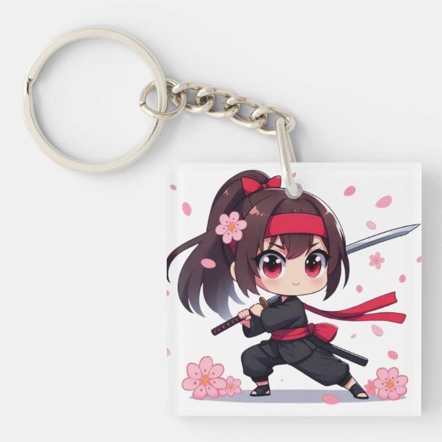 Porte-clés Cute ninja guerrière fille en fleur (Devant)