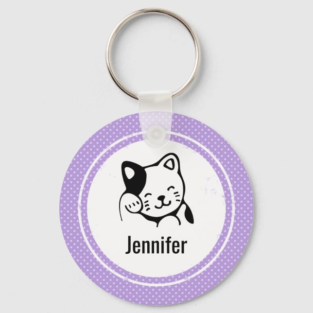 Porte-clés Cute noir et blanc Kitty Chat Waving Bonjour (Recto)