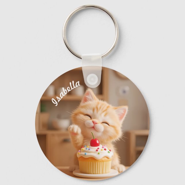 Porte-clés Cute Orange Kitten avec un Cupcake (Recto)