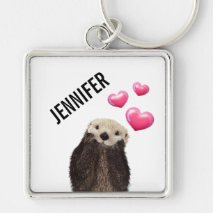 Porte-clés Cute Otter with Pink Love Hearts