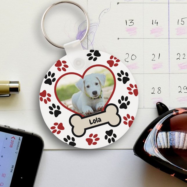 Porte-clés Cute Pet Chien Photo Coeur Red & Black Paws Motif (Créateur téléchargé)