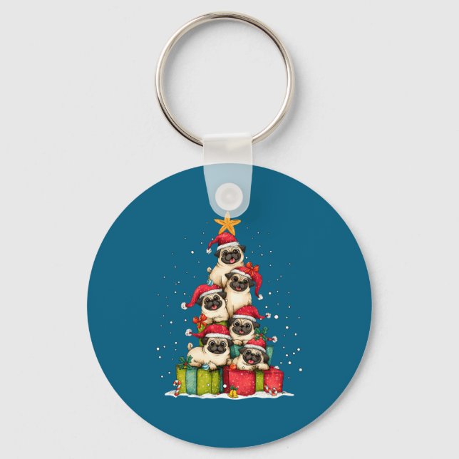 Porte-clés Cute Pug Le Dog Christmas Tree Xmas Hat Long Sleev (Recto)