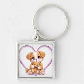 Porte-clés Cute Puppy Holding Teddy Bear Heart Keychain