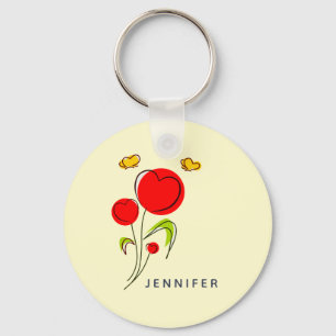Porte-clés Cute Red Heart Flowers and Yellow Butterflies
