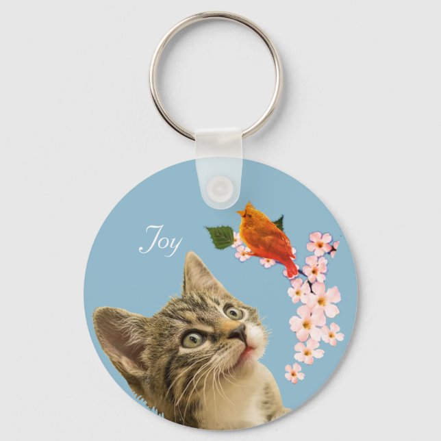 Porte-clés Cute Tabby Chat, Fleurs et Petit Oiseau Rouge (Recto)