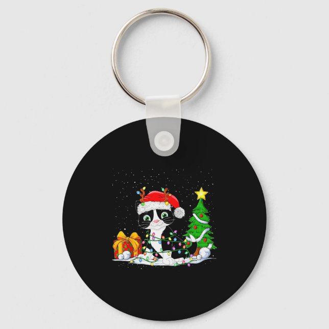 Porte-clés Cute Tuxedo Cat Santa Christmas Tree Lights Xmas T (Recto)