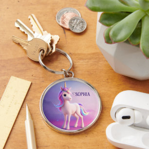 Porte-clés Cute Unicorne Blanche Avec Rose & Bleu Mane