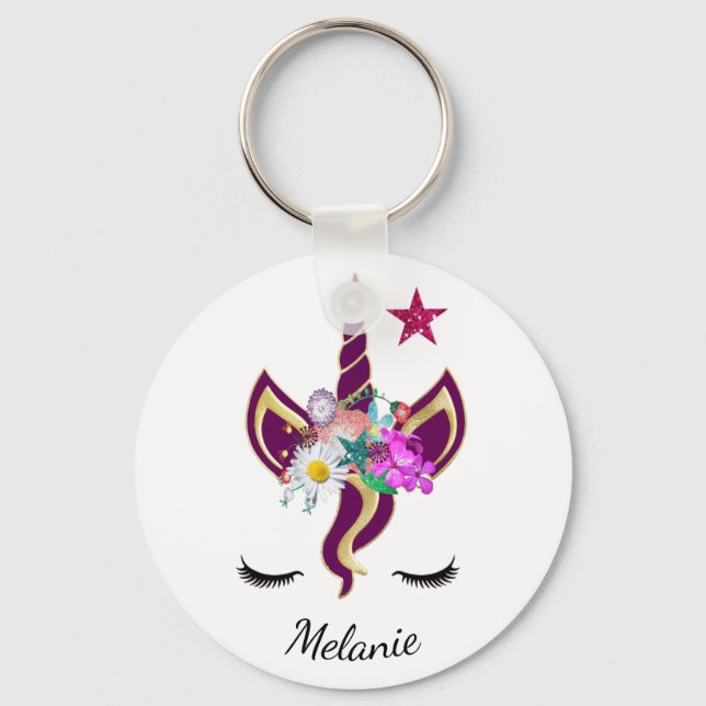 Porte-clés Cute violet Unicorn Corne Personnalisée (Recto)