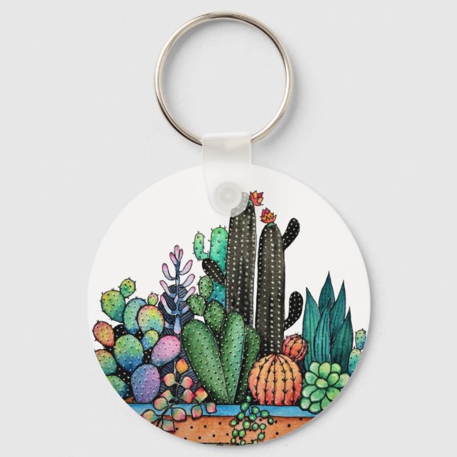 Porte-clés Cute Watercolor Cactus Garden (Recto)