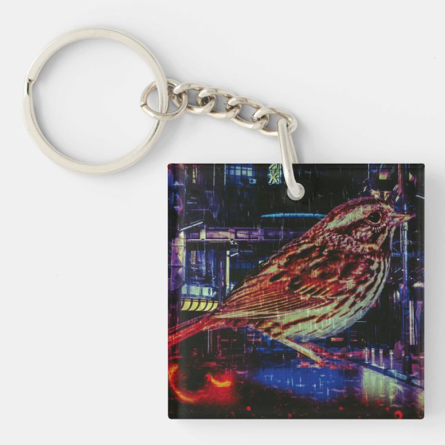 Porte-clés Cyberpunk Sparrow dans Neon Cityscape (Devant)