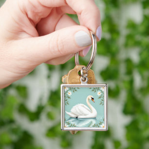 Porte-clés Cygne blanc élégant floral bleu