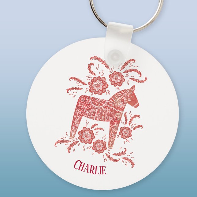 Porte-clés Dala Horse Suédois Folk Art Personnalisé (Red and white Swedish Dala Horse personalized name aluminium keyring keychain)