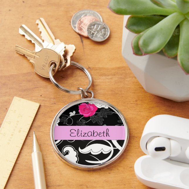 Porte-clés Damas, Fleurs, Noir et Blanc, Votre nom (Bureau)