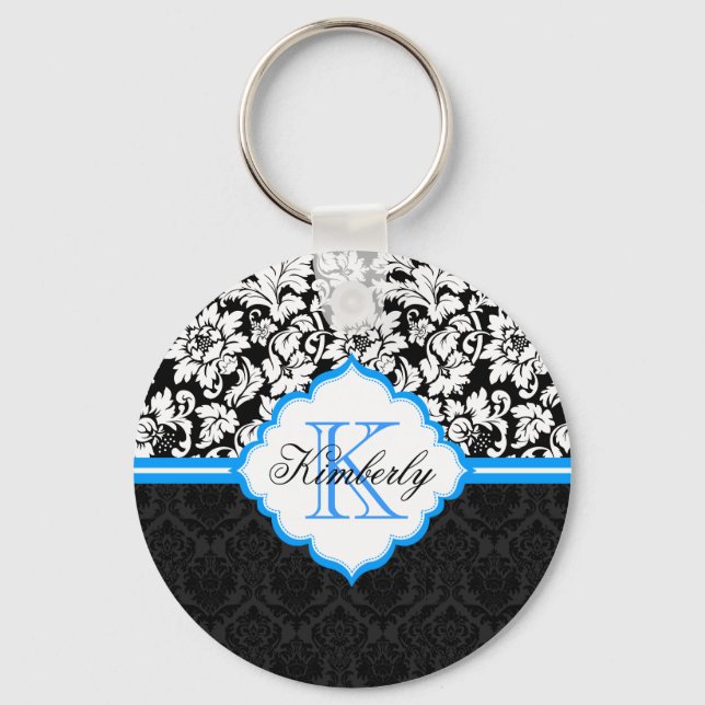 Porte-clés Damas Florales Noir Blanc Et Bleu (Recto)