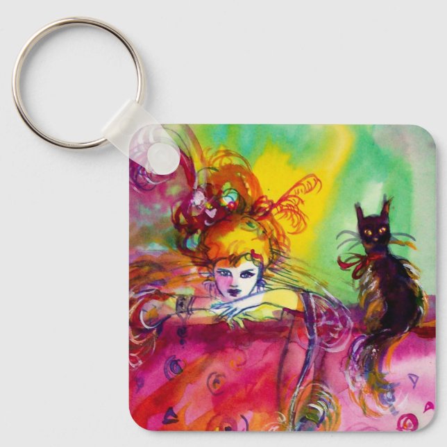 Porte-clés DAME AVEC CHAT NOIR Mardi Gras Masquerade (Recto)