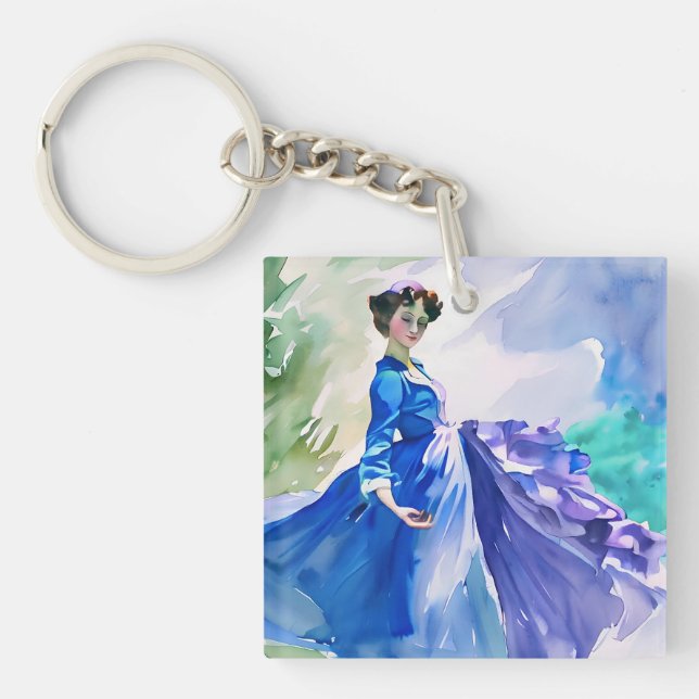 Porte-clés Dame en Robe Bleue - Peinture aquarelle (Devant)