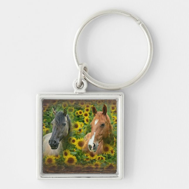 Porte-clés De beaux chevaux dans le champ de tournesols (Devant)