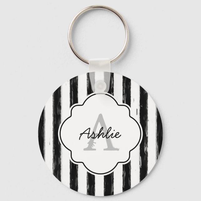 Porte-clés Décontracté Black Peint Stripes Monogramme et nom (Recto)