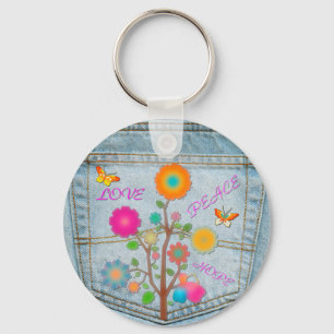Porte-clés Denim Back Fleurs de poche Paix Aimer Espoir